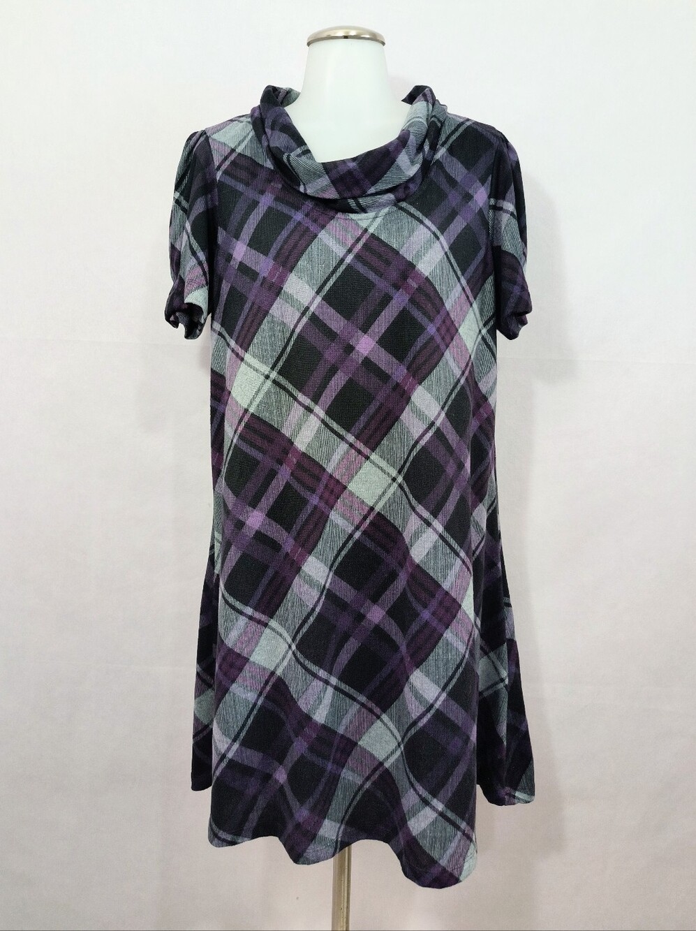 Jessica Howard Plaid Cowl Neck Tunic Dress in Purple and Gray